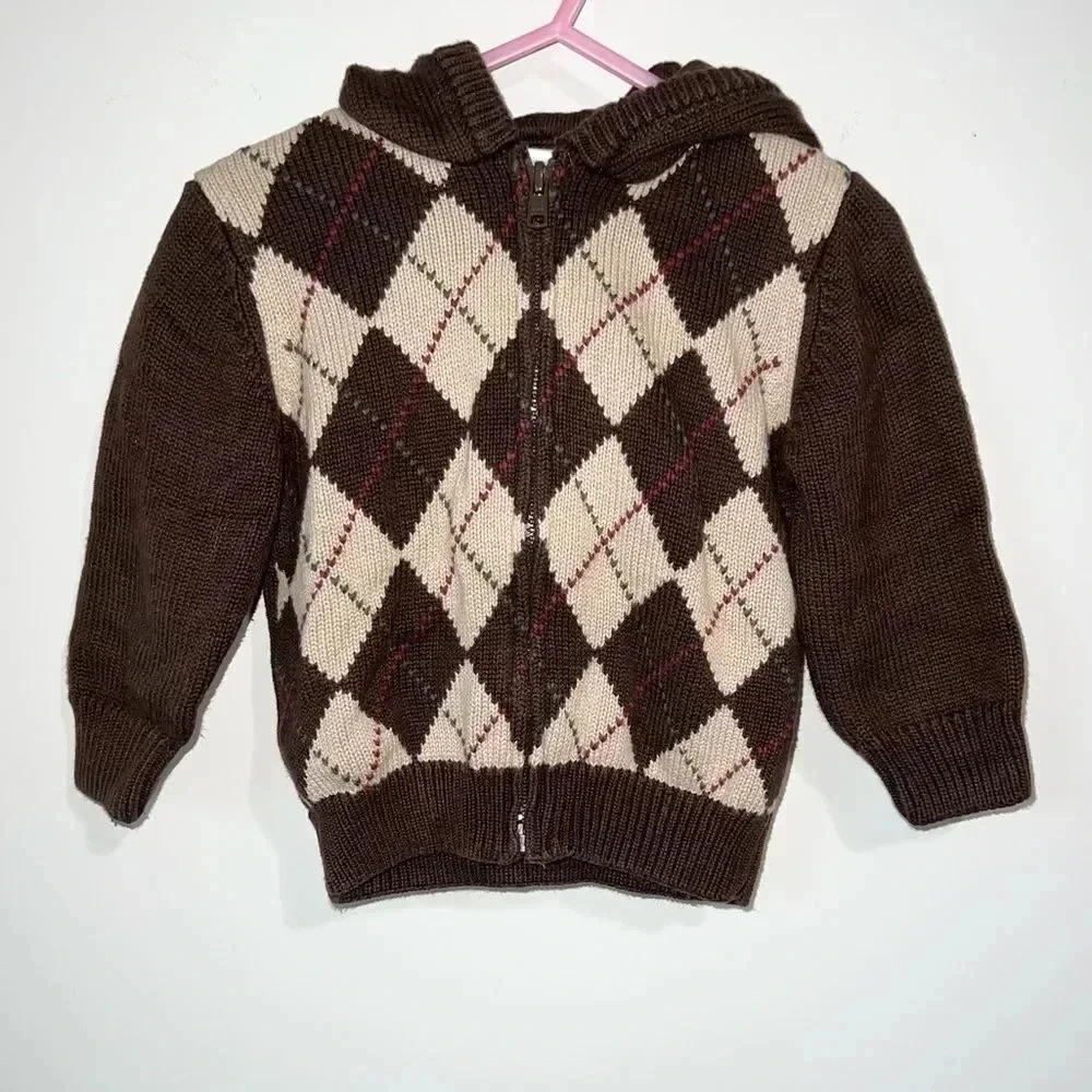Gymboree Brown Argyle Zip Up Sweater with Hoodie Infant Boys 6-12 months